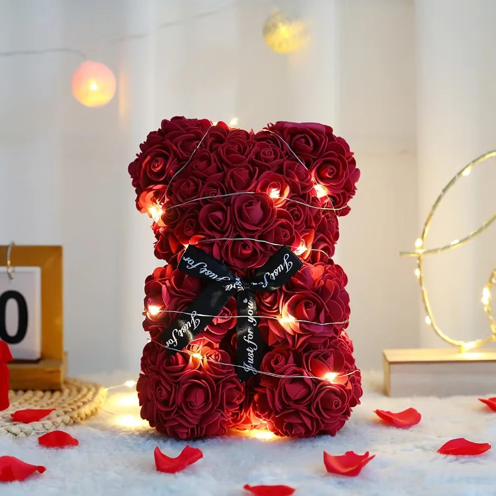 Valentines Day 25Cm Artificial Teddy Rose Flower Bear with Box Romantic Gift Girlfriend Women Mother Birthday Wedding Party Deco