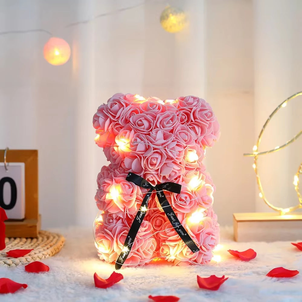 Valentines Day 25Cm Artificial Teddy Rose Flower Bear with Box Romantic Gift Girlfriend Women Mother Birthday Wedding Party Deco